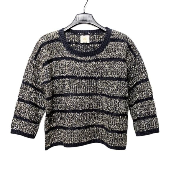 Anthropologie HWR MONOGRAM Twinkle Metallic Striped Boxy Sweater M - Picture 2 of 7